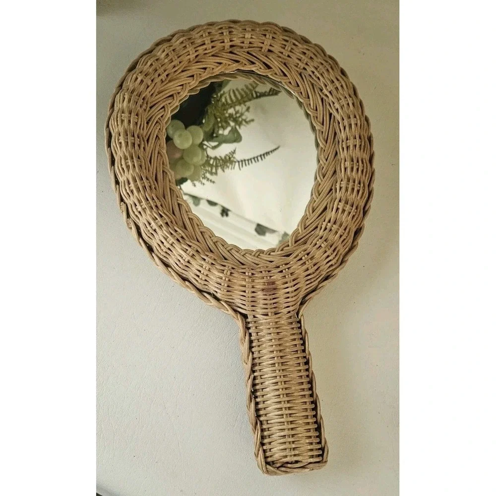 Wicker Rattan Hand Held Mirror Two Sided Vintage 1970's Woven/Braided